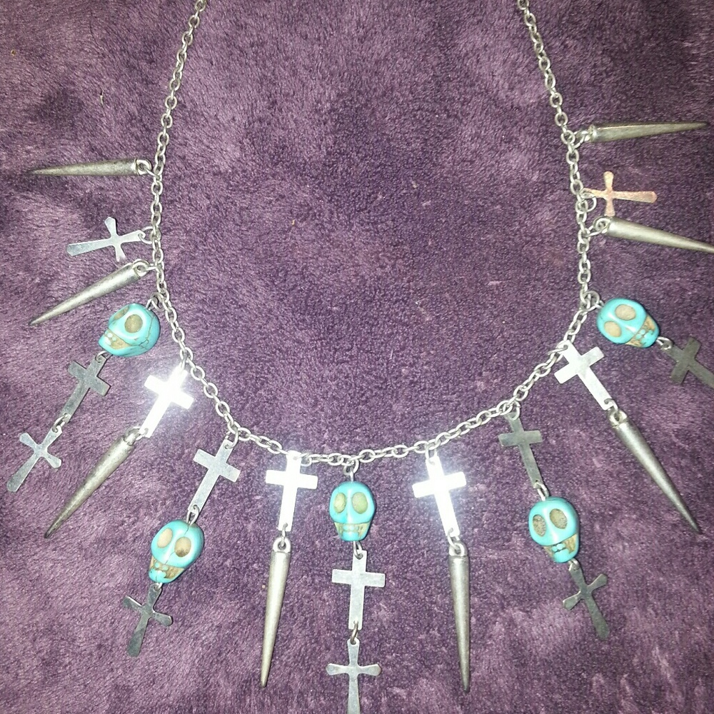 Turquoise skull cross and spike necklace